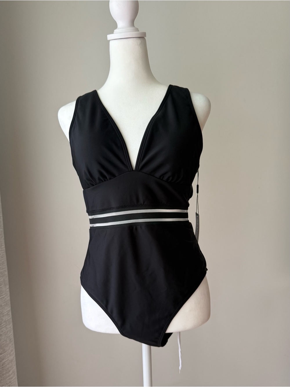 AIMAGE Black One Piece Swimsuit L Mesh Waist NWT
